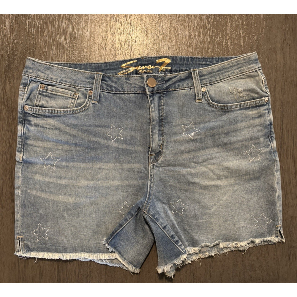SEVEN7 WOMENS 5" FRAY HEM HIGH RISE DENIM STAR BLING WEEKEND SHORT SIZE 16